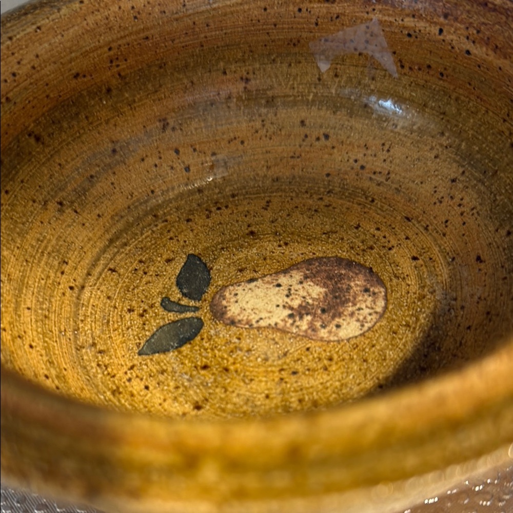 Vintage Rustic Pottery Bowl with Pear Design.